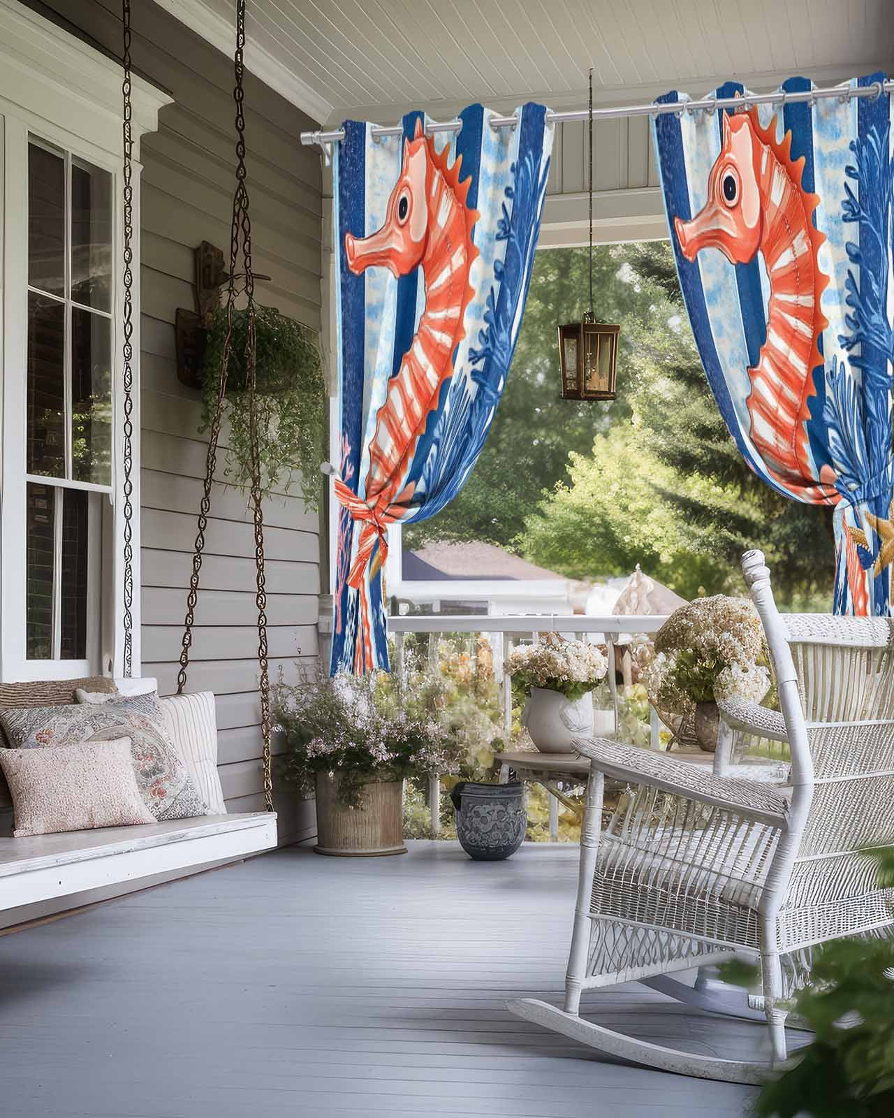 Orange Red Seahorse Outdoor Curtains for Patio, Coastal Ocean Coral Striped Privacy Drapes Grommet Waterproof Outside Curtains for Porch/Cabana/Balcony 54"x 108", 1 Panel