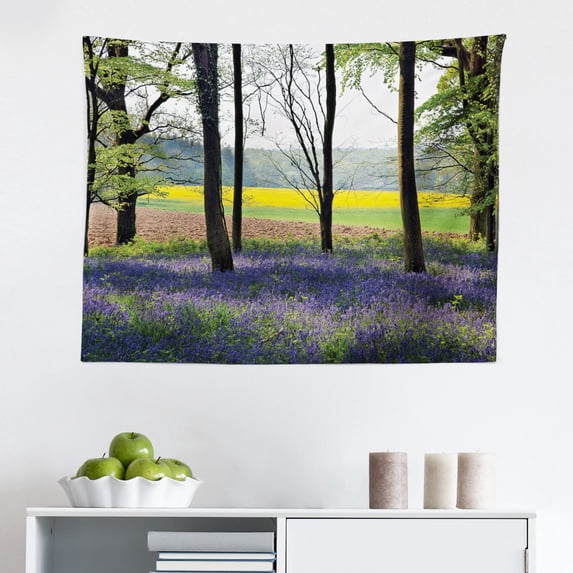 Woodland Tapestry, Carpet of Bluebells Spreads Through Woodland in Staffordshire England, Fabric Wall Hanging Decor for Bedroom Living Room Dorm, 2 Sizes, Green Purple Brown, by Ambesonne