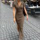 thumbnail image 4 of Puntoco Moda Mujer Verano Elegante Temperamento Moda Sexy Solapa Manga Corta Vestido Con Abertura Marrón L,Regalos Para Mujer Joven, 4 of 8