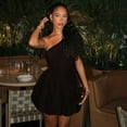 thumbnail image 2 of Women's Diagonal Collar One-Shoulder Sleeveless Ruffled A-Line Mini Dress, Irregular, Pleated, Solid Color, 2 of 21
