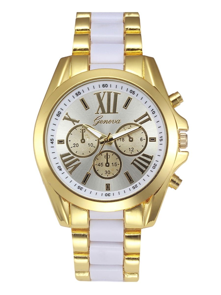 Geneva Luxury Stainless Steel Gold Dial Quartz Analog Women Watch 