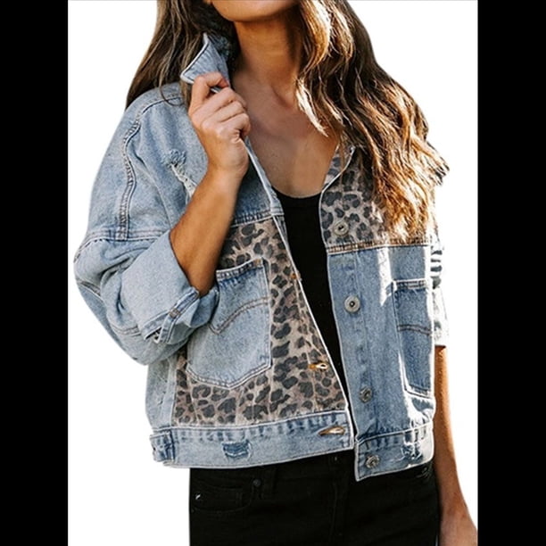 Chaqueta Vaquera Desgastada con Estampado de Leopardo y Botones para Mujer, Abrigo Vaquero de Larga Lavado con Estampado de Guepardo Roto. Azul S