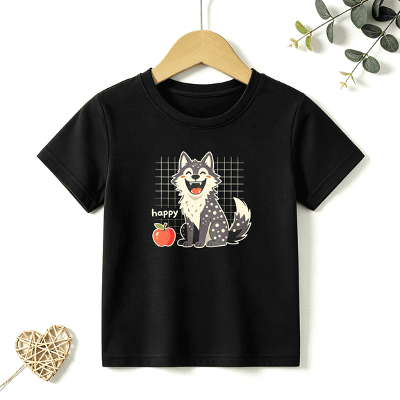 Girls Graphic Tees Happy Wolf Dog Kids T Shirt Cute Animal 100% Cotton Short Sleeve Soft Tops 4-13Y