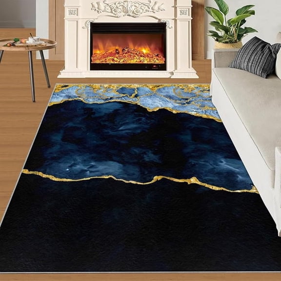 Navy Blue Rug, Modern Abstract Marble Gold Rug For Living Room, Machine Washable Breathable Soft Non-Slip Rug For Bedroom Office Study Apartment 5x6ft