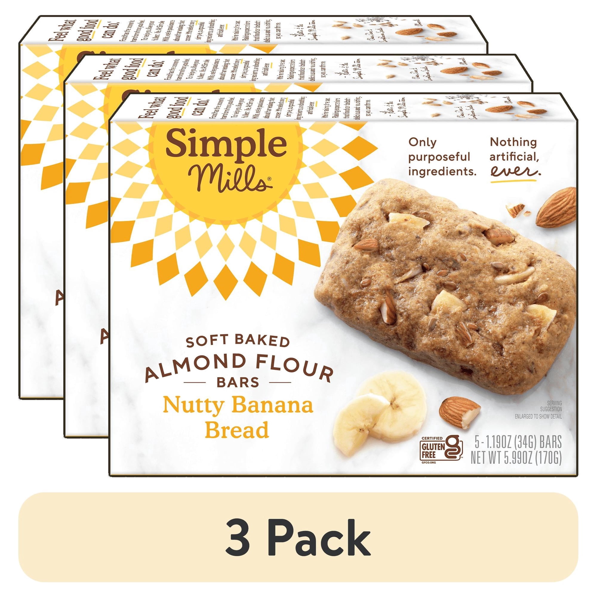 (3 pack) Simple Mills Soft Baked Almond Flour Bars Nutty Banana Bread Gluten-Free 5 Count