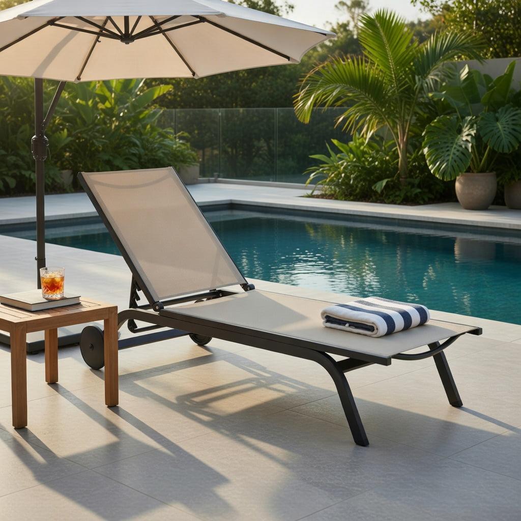 Hommoo Adjustable Aluminum Outdoor Lounge Chair, Breathable Fabric Recliner for Patio, Poolside & Backyard, Brown