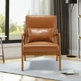 thumbnail image 2 of Miniyam Modern PU Leather Accent Chair, Solid Wood Lounge Reading Armchair With One Pillow for Living Room, Bedroom, Guest Room, Light Brown, 2 of 11
