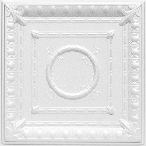 A la Maison Ceilings 1449 Romanesque Wreath- Styrofoam Ceiling Tile (Package of 8 Tiles), Plain White