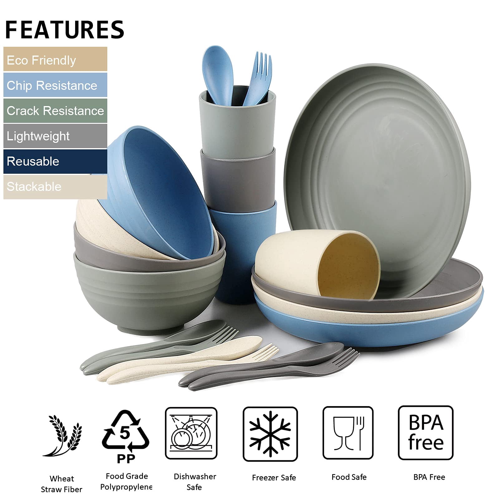 Loobuu Wheat Straw Dinnerware Sets (20PCS) - Lightweight & Unbreakable Dinnerware Set - Microwave Safe Plates Set, Bowls, Cups, Forks and Spoons, Service for 4, Great for Kids & Adult