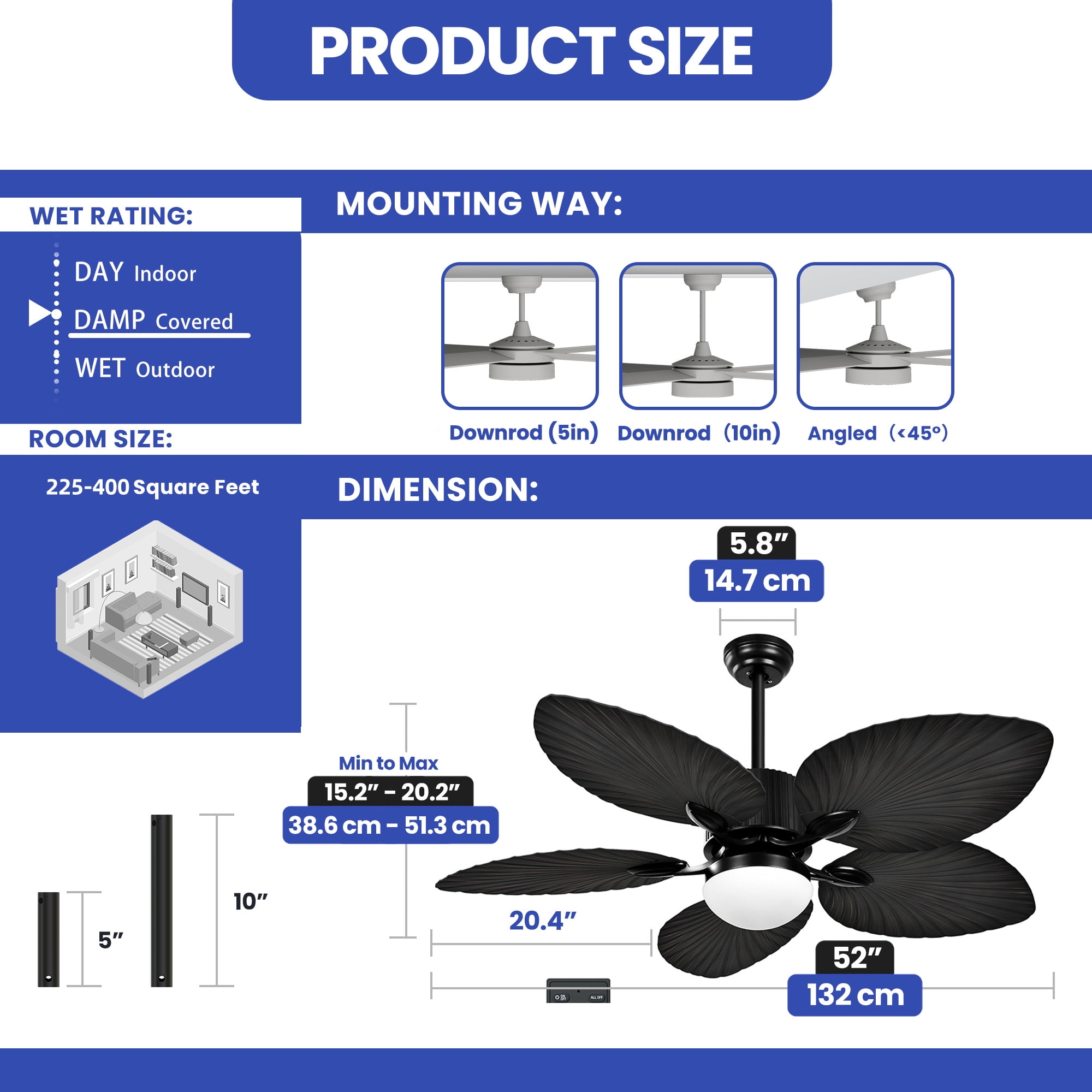 ModFusion 52in Gothic Troplical Ceiling Fan Light, 6-Speed Remote, 5 Palm Leaf Blades, Black