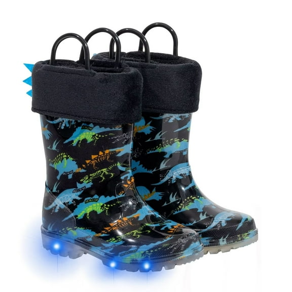 FUNCOO PLUS Boys Light Up Rain Boots Toddler Kids Warm Lined Winter Boots, Dinosaur, Little Kid Size 11