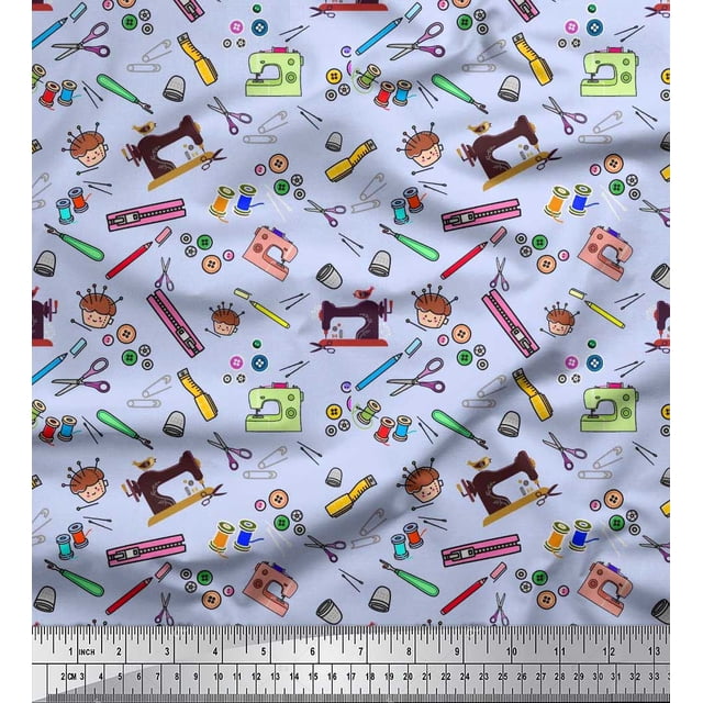 Soimoi Polyester Crepe Fabric Scissor,Buttons & Machine Sewing Print Fabric by The Yard 42 Inch Wide