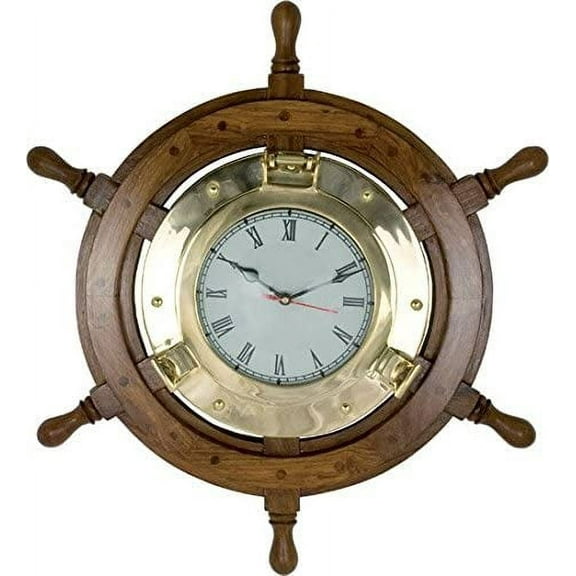 Nagina International 45 cm Nautical Brass Porthole Clock Ship Wheel | Captain's Maritime Beach Home Decor