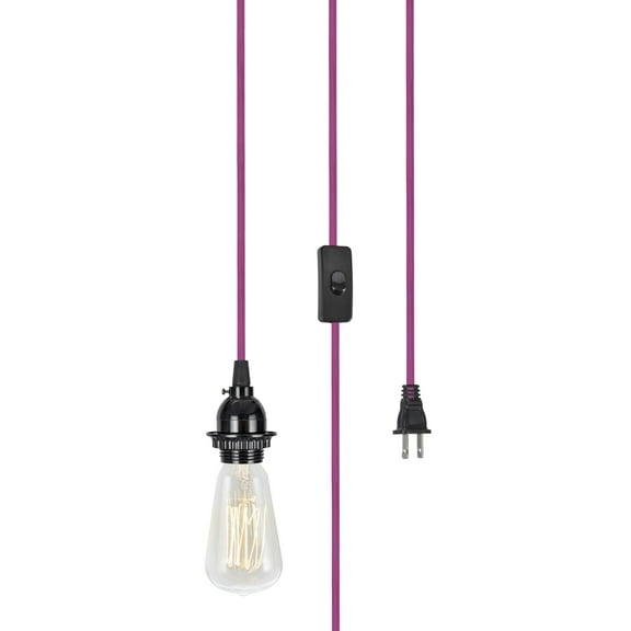 Aspen Creative 21027-31, One-Light Plug-In Hanging Black Socket Pendant, 15 ft. Pink Textile Cord