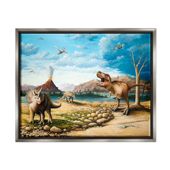 Stupell Ancient Dinosaurs Landscape Animals & Insects Painting Gray Floater Framed Art Print Wall Art