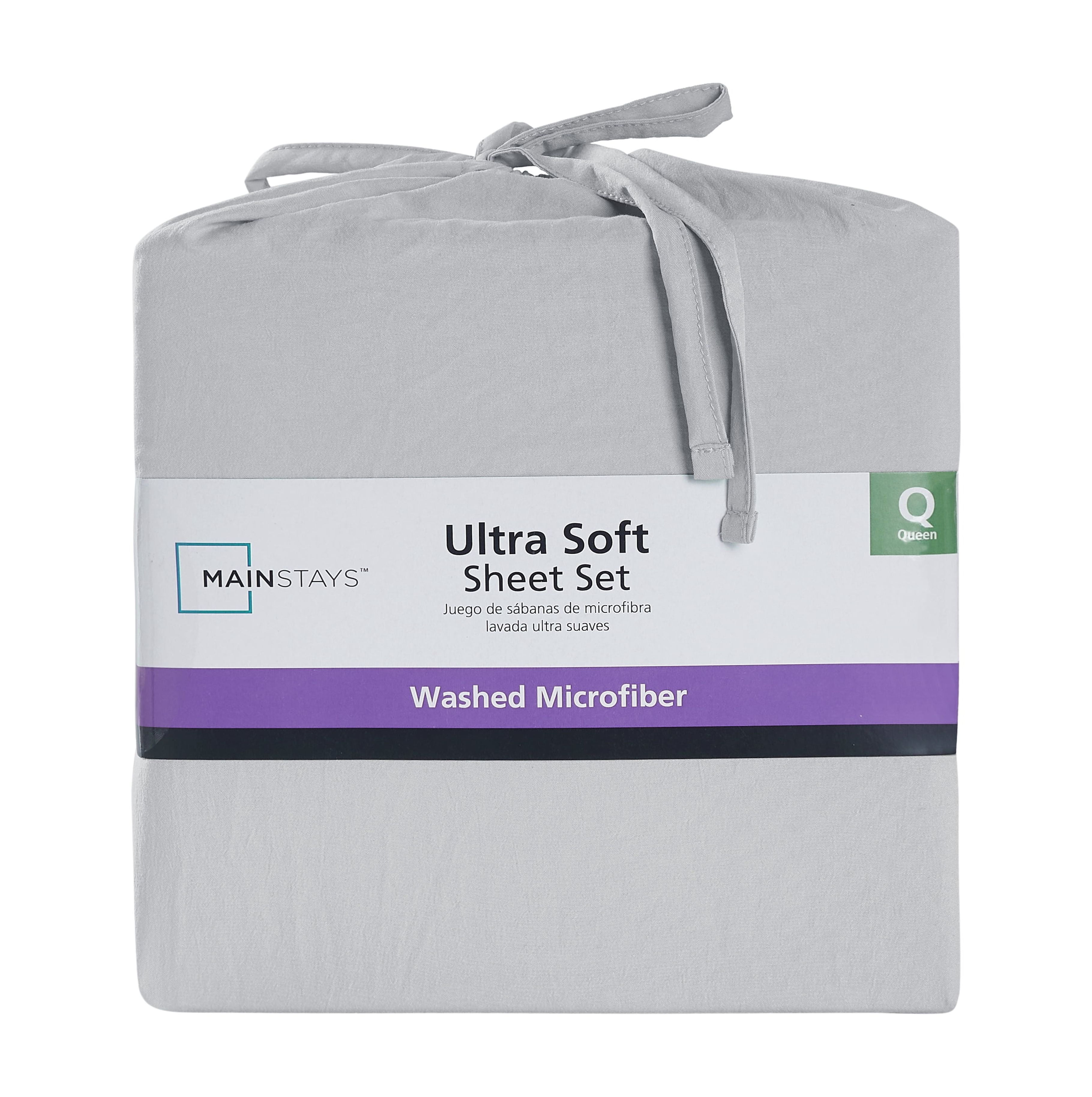 Mainstays Washed Ultra Soft Microfiber Bed Sheet Set, Queen, Soft Silver, 4 Piece
