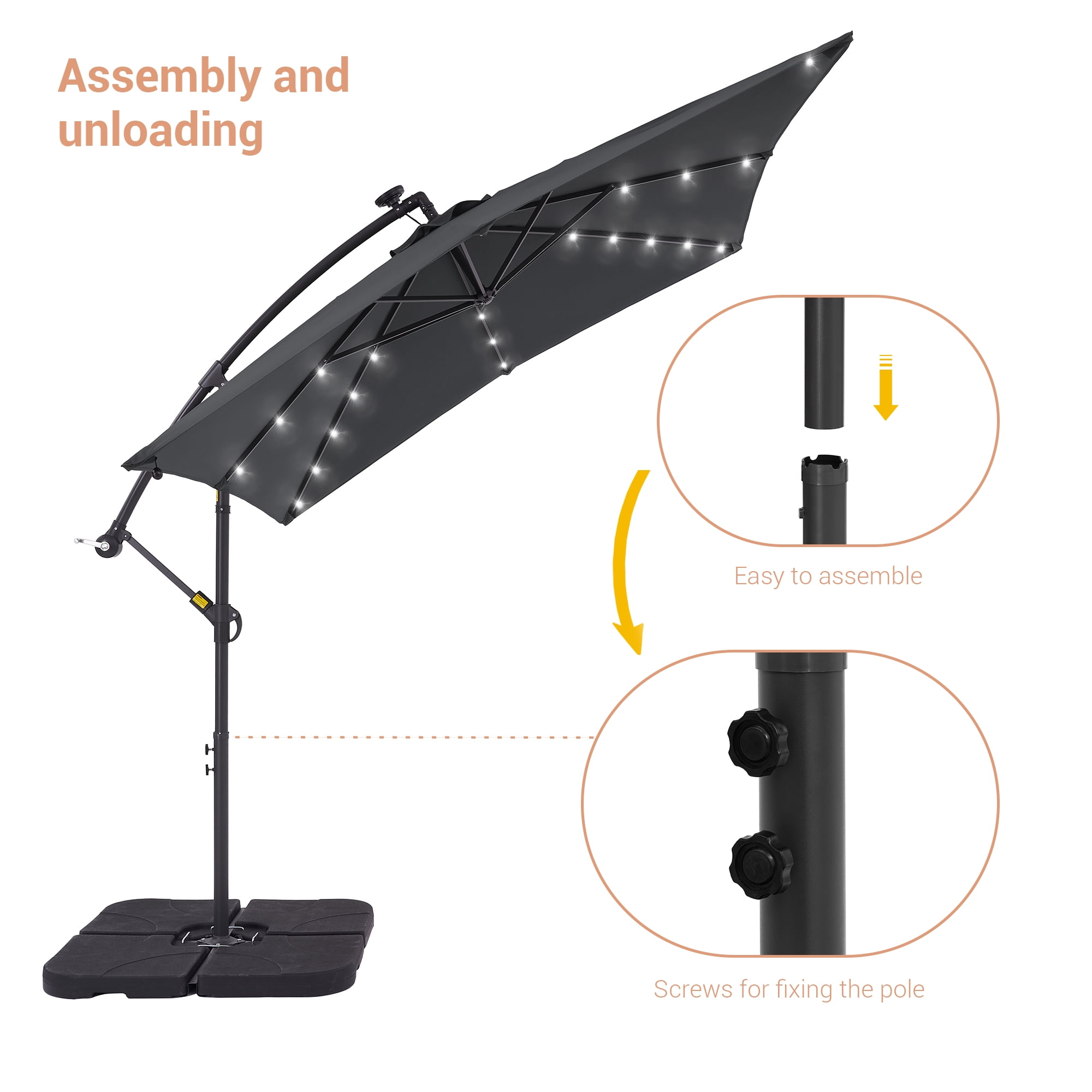 ACEGOSES 8.2x8.2ft LED Square Outdoor Patio Canopy Offset Umbrellas for Villa Gardens, Lawns and Yard,Anthracite