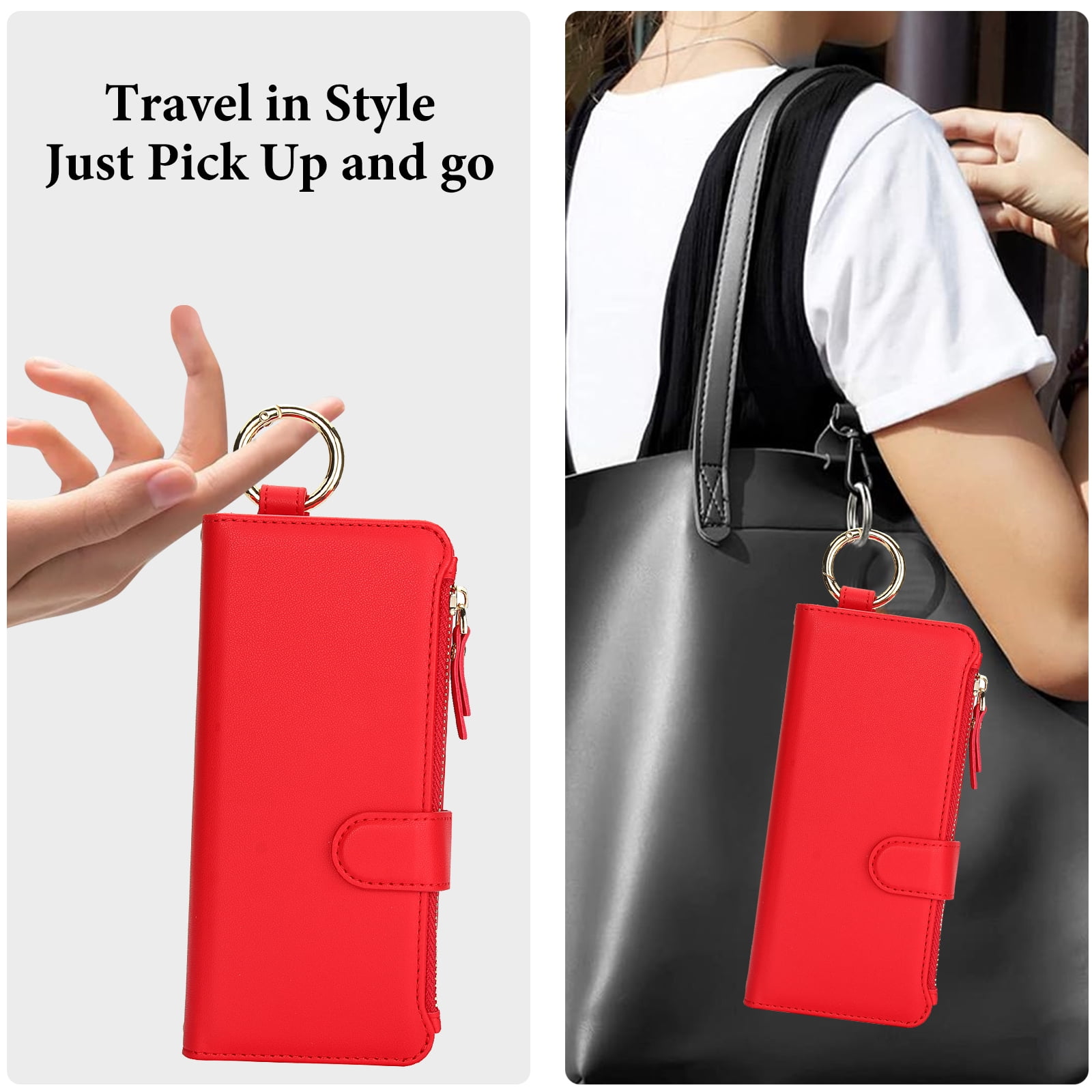 ChicShell Wallet Flip Case for Samsung Galaxy Z Fold 7, RFID Blocking Cards Slots Zipper Pocket Hand Strap Shockproof Stand Phone Case Cover with Crossbody Lanyard for Women Girls, Red