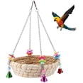thumbnail image 1 of 1 x Nido de pájaro para loro, nido de pájaro de paja tejida natural con 4 campanas de metal, 1 of 5
