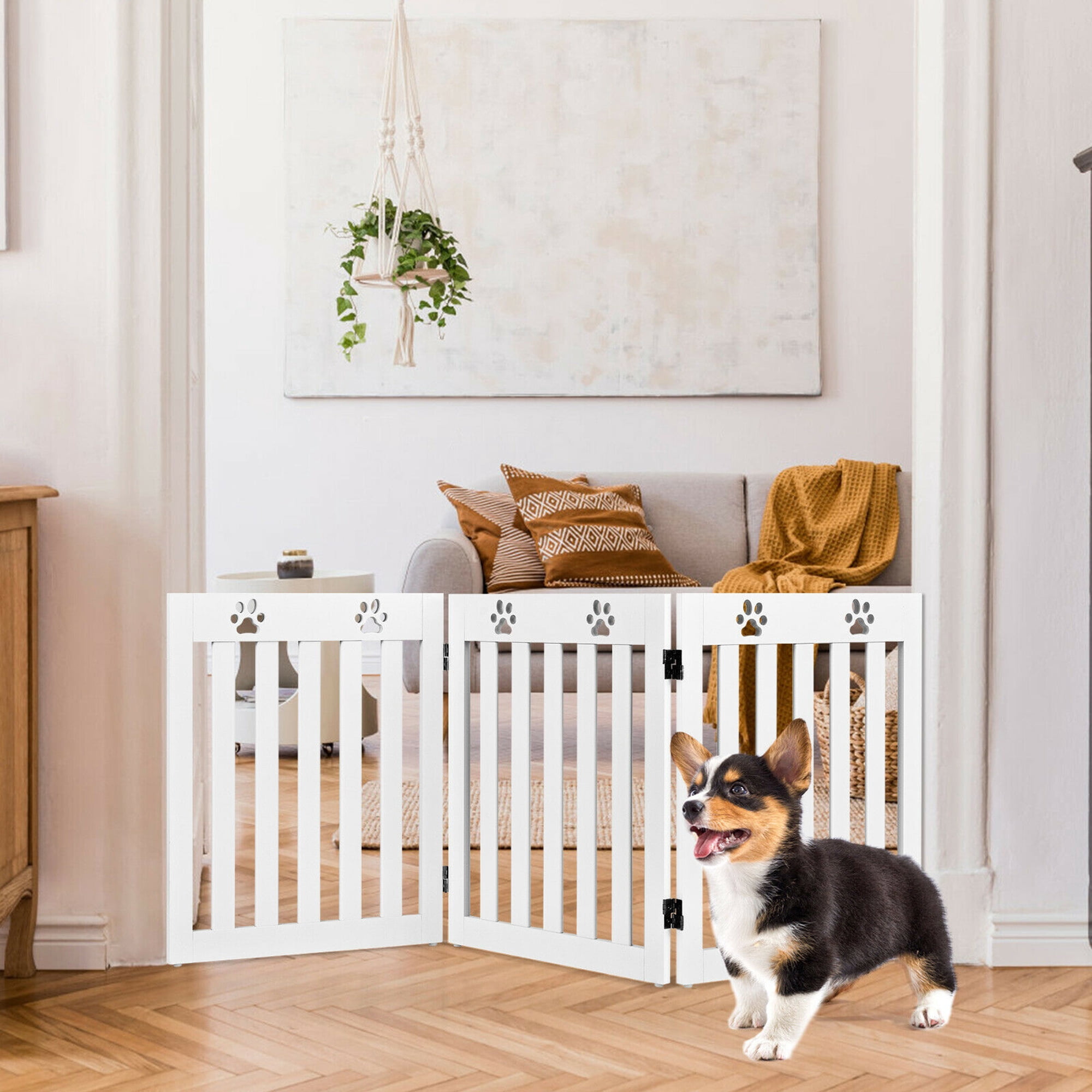 Gymax 24'' Folding Pet Gate with 360° Flexible Hinge, Wooden