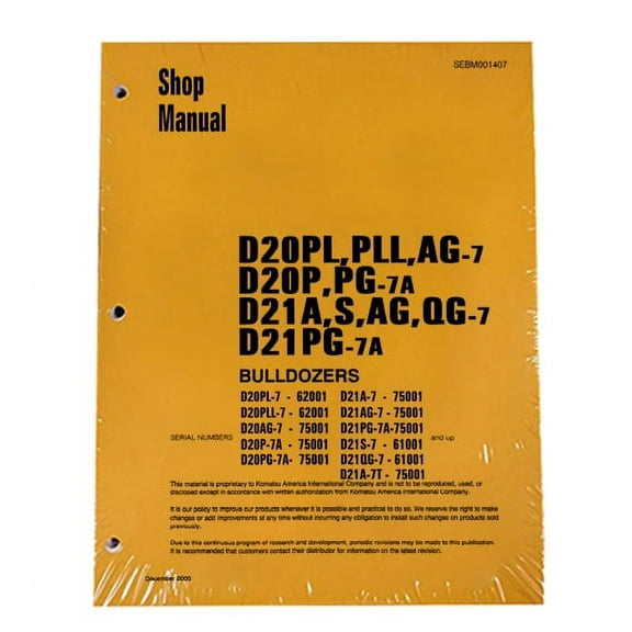 Komatsu D20P-7A, D21A Series Bulldozer Workshop Repair  Service Manual - Part Number # SEBD001407