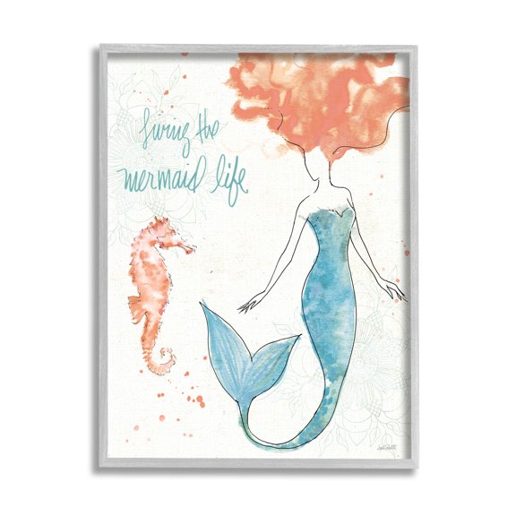 Stupell Industries Living The Mermaid Life Phrase Graphic Art Gray Framed Art Print Wall Art, Design by Anne Tavoletti