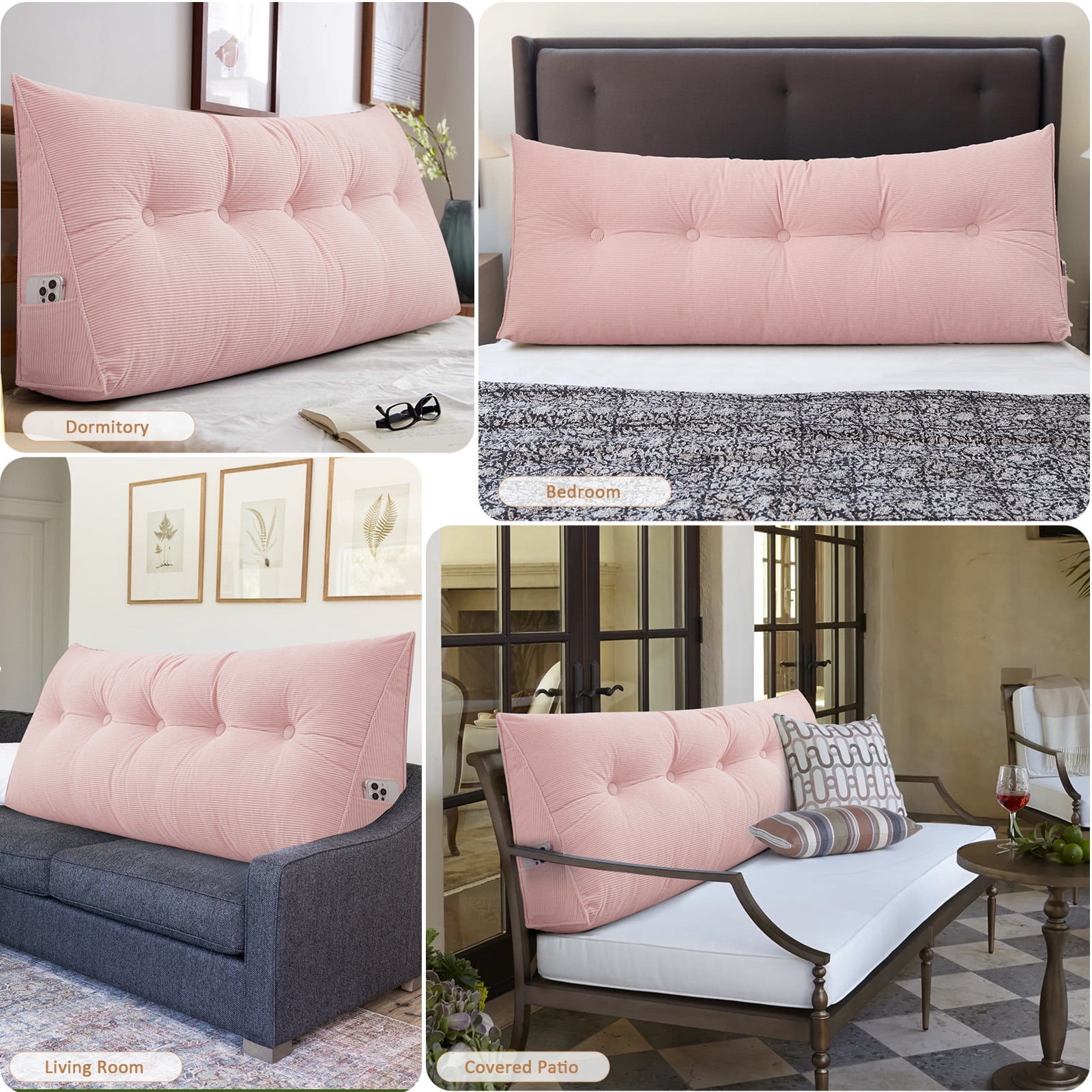 ANMINY Bed Wedge Pillow for Headboard Gap Reading Lumbar Back Rest Support Pillow for Bed Sofa Large Long Pillow with Side Pockets Removable Cover, 79"x20", Pink