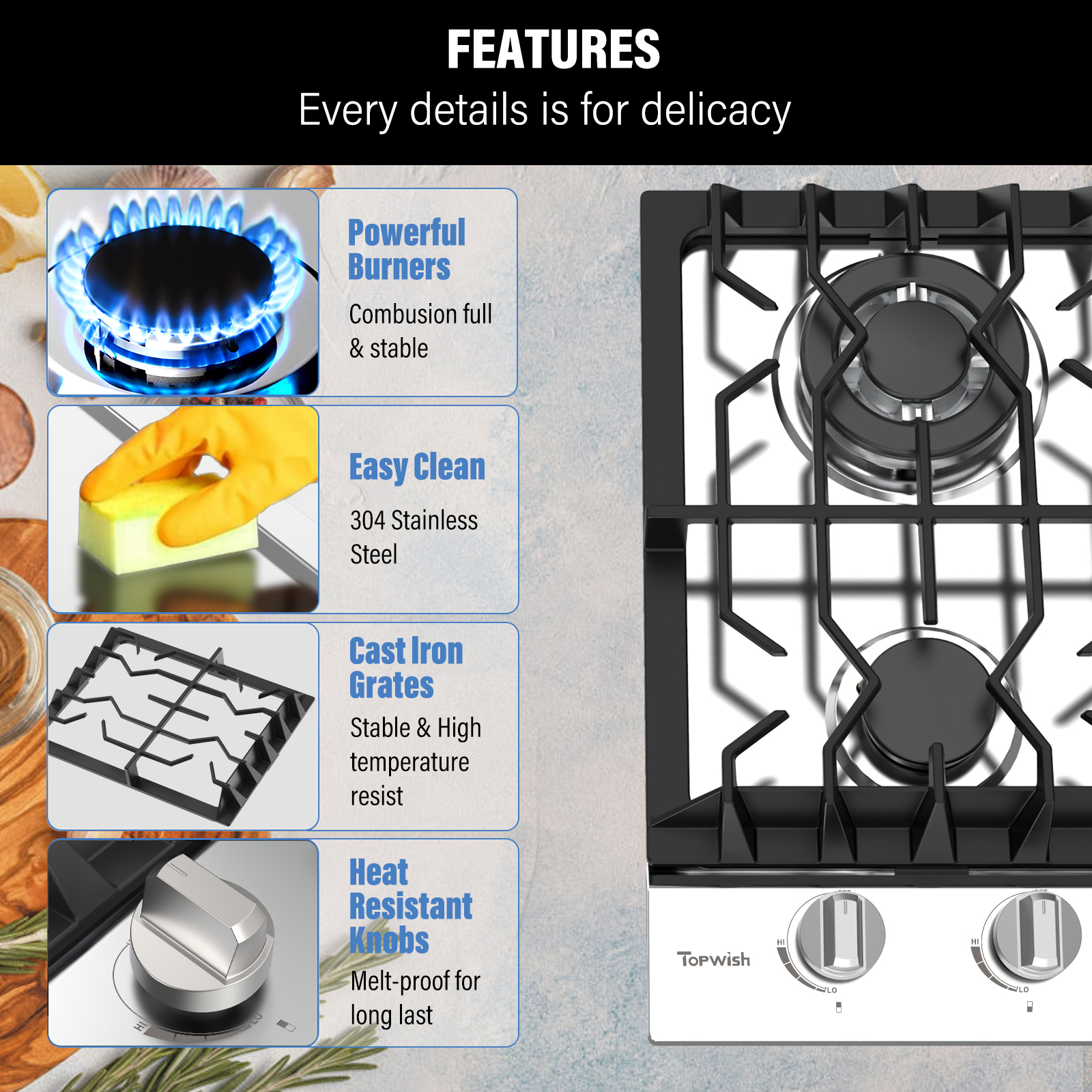 TOPWISH 12" Built-In Gas Cooktop, 2 Burners, 18,000 BTU, NG/LP Convertible, 304 Stainless Steel, Thermocouple Protection