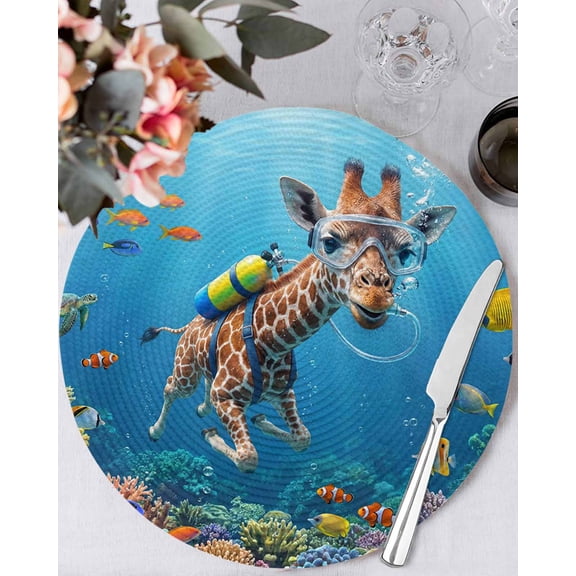 15 Inch Round Placemats Set of 6, Funny Diving Giraffe Non Slip Heat Insulation PP Table Mats, Ocean Coastal Coral Fish Marine Life Washable Place Mats for Kitchen Dining Party Table Decor