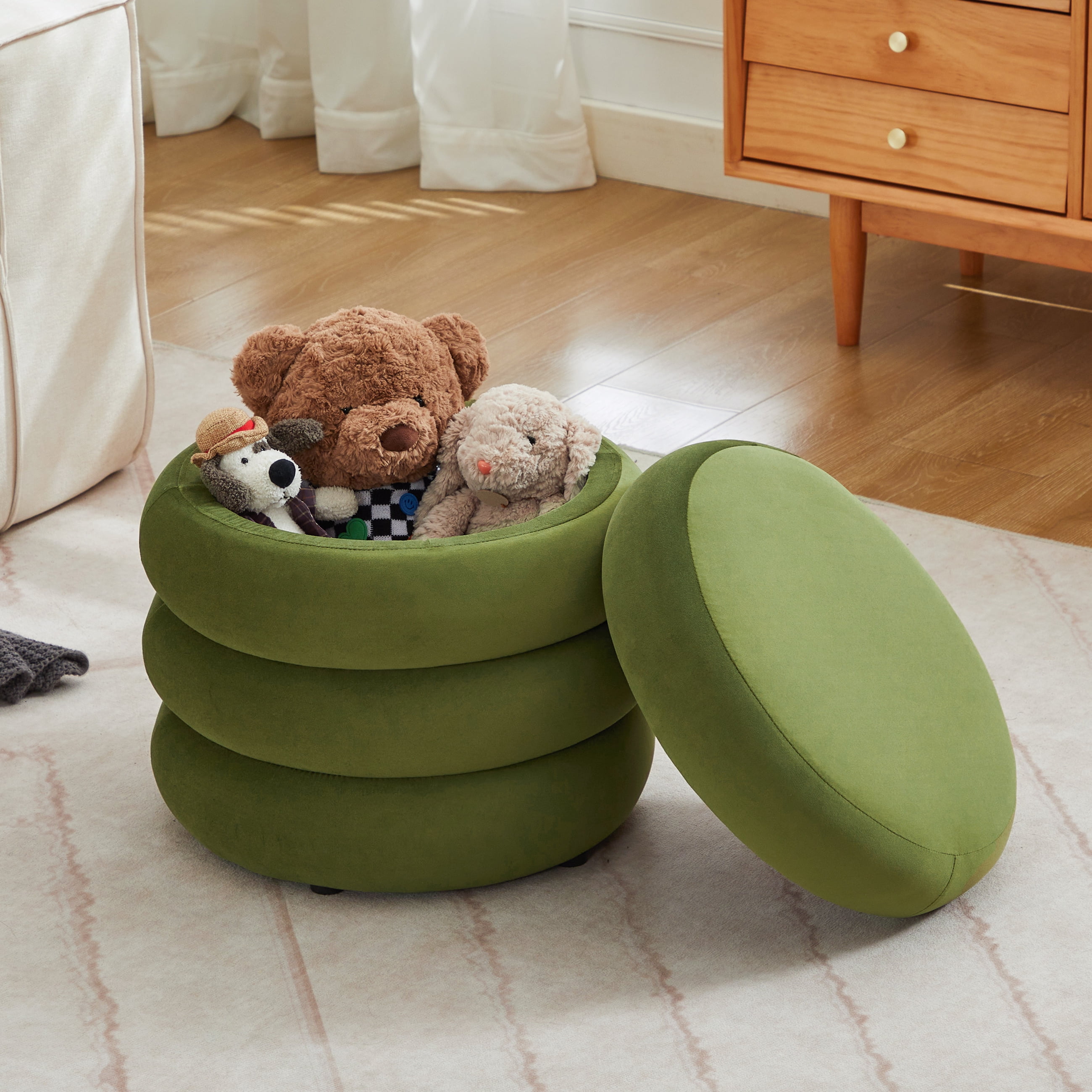 Zesthouse 19.5" Wide Round Storage Ottoman, Velvet Tufted Ottoman Footstool for Living Room Bedroom, Green