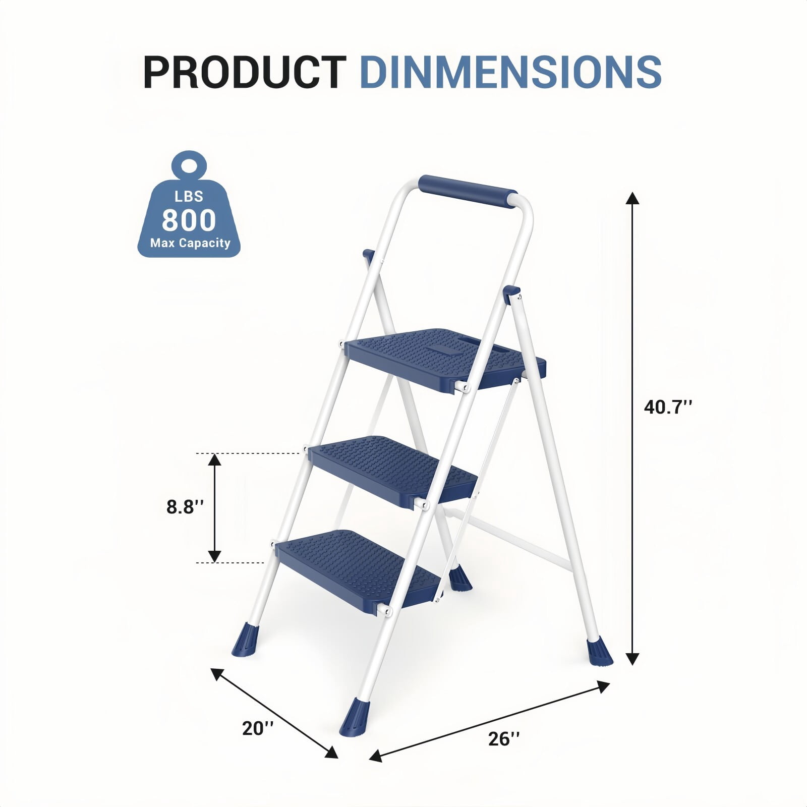 Kelno 3 Step Ladder 800Lbs Capacity Folding Step Stool with Anti Slip Pedals Safety Handrail, Blue White