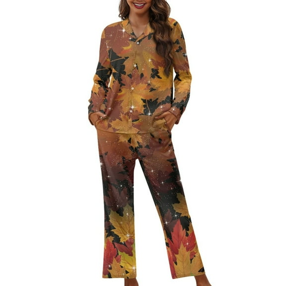 Kuiaobaty Maple Leaf Print Women's Pajamas Set Pajamas Set Thanksgiving Soft Long Sleeves Tops Button Down T-Shirts with Full Length Pants Casual Soft Home Sleepwear Nightgown White, Size M