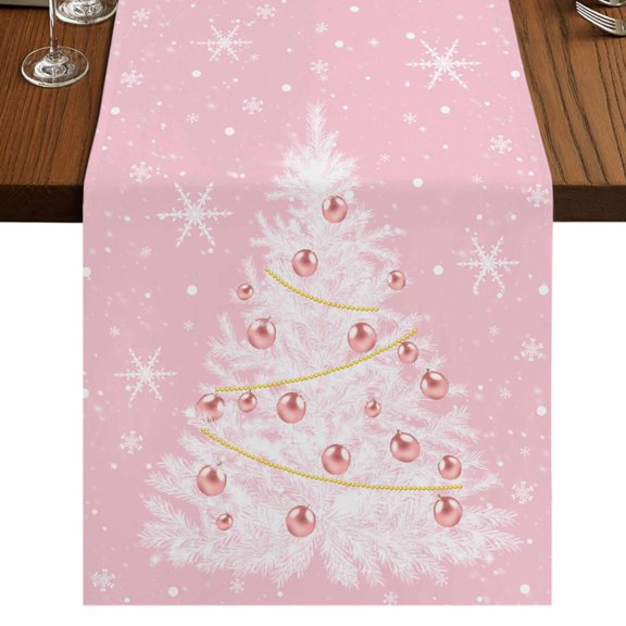Pink Christmas Tree Table Runner 48 Inches Long, Cotton Linen Table Runner Dresser Scarf, Winter Balls Snowflake Xmas Tree Short Fabric Tablerunners for Dining Tables Wedding Holiday Party 13"x48"