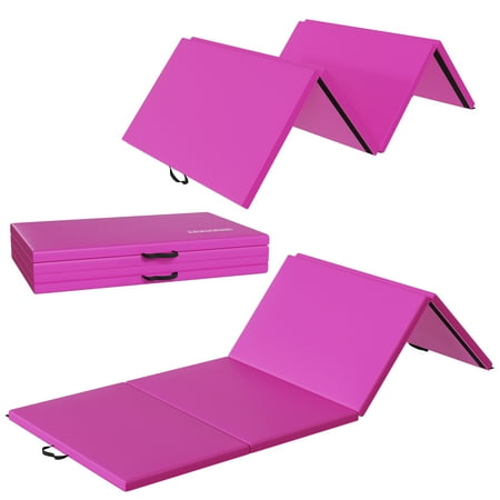 Fitvids Folding Exercise Mat, 10ft x 4ft Four Fold Exercise Mat with Carrying Handles for Yoga, MMA, Gymnastics and Home Gym Protective Flooring, 2-inch Thick, Pink
