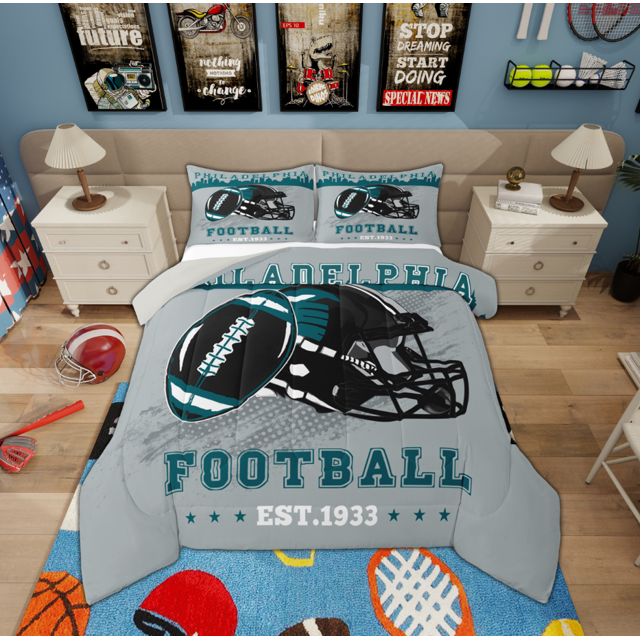 Manfei Kids American Philadelphia Full Size Comforter Sets, Soccer Lover Bedding Comforter Set, Rugby Sports Competition Reversible Bedding Sets, Breathable Home Decor, 3 Pieces
