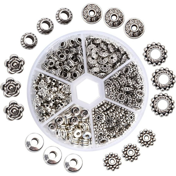 300 Pieces Alloy Antique Silver Spacer Beads Tibetan Metal Loose Beads Jewelry Findings Accessories DIY for Bracelet Necklace Jewelry Making, 6 Styles