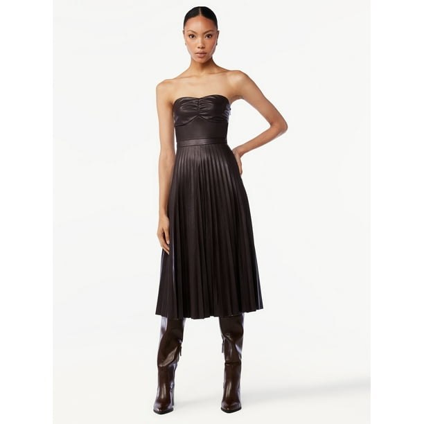 Scoop Women's Faux Leather Strapless Pleated Midi Dress