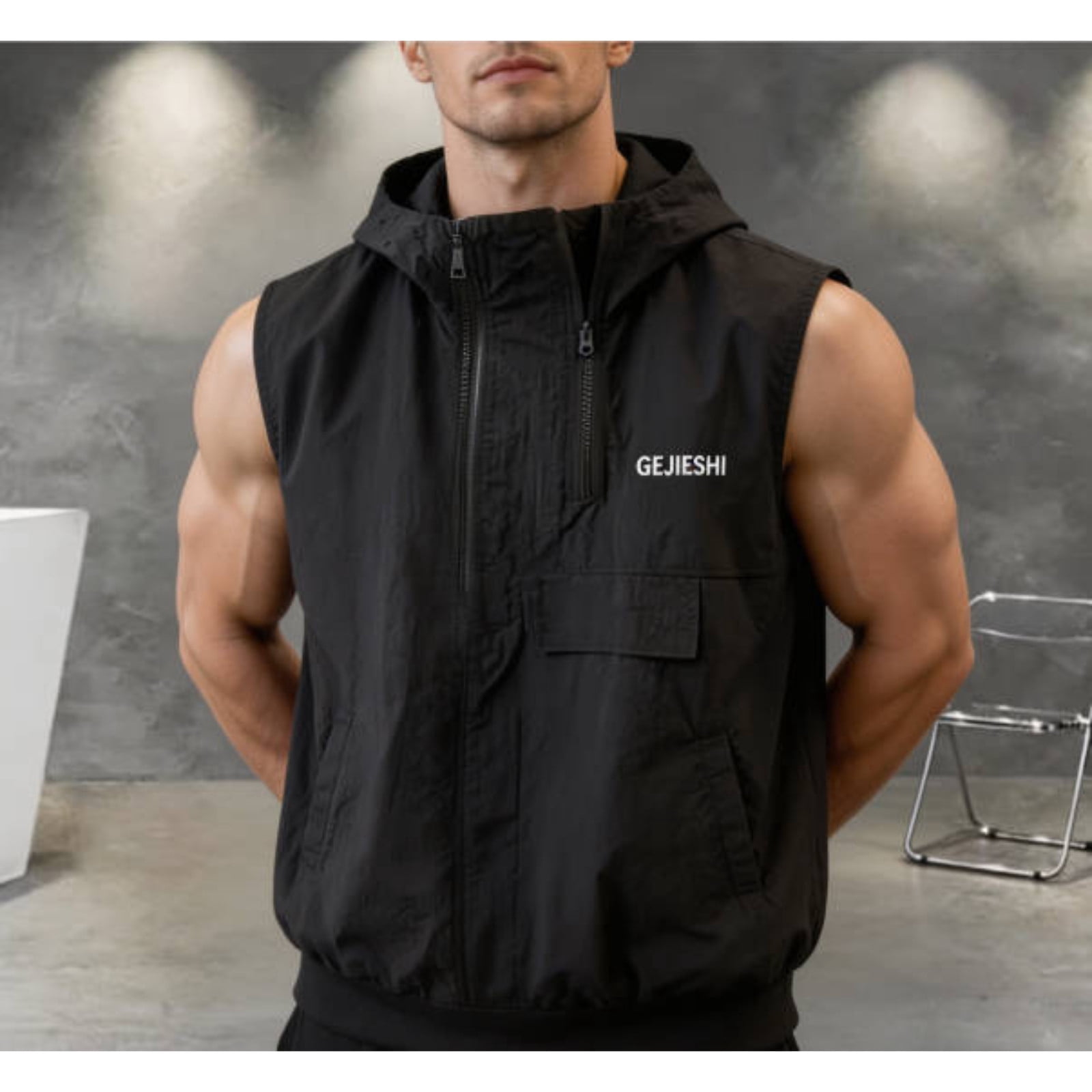 Men's Cycling Running Vest Sleeveless Jacket Windbreakers with Hood - Windproof, Breathable,Loose Big and Tall Size M-4XL Black