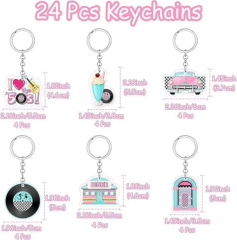 50's Party Decorations 24Pcs 50s Theme Keychains 1950's Rock and Roll Key Chains Colorful Retro Car Vinyl Record Guitar Acrylic Keyrings Party Favors for 50's Theme Music Party Birthday Party