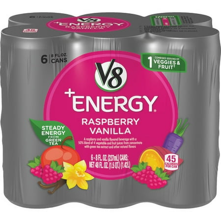 - V8 +Energy, Healthy Energy Drink, Natural Energy from Tea, Raspberry Vanilla, 8 Ounce Can, (Packs of 6)