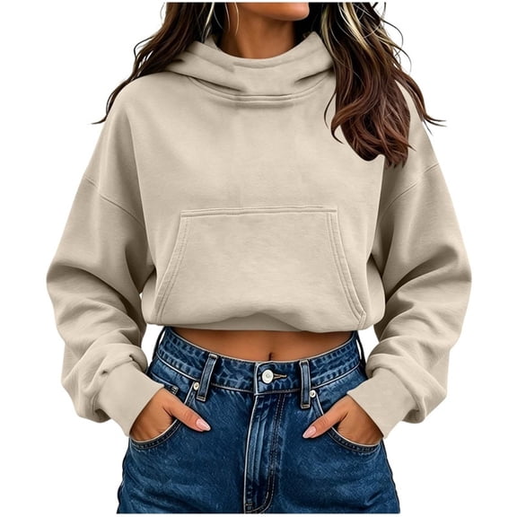 cocolona Womens Cropped Pullover Hoodies Casual Long Sleeve Solid Color Sweatshirts Fall Fashion Outfits with Pockets