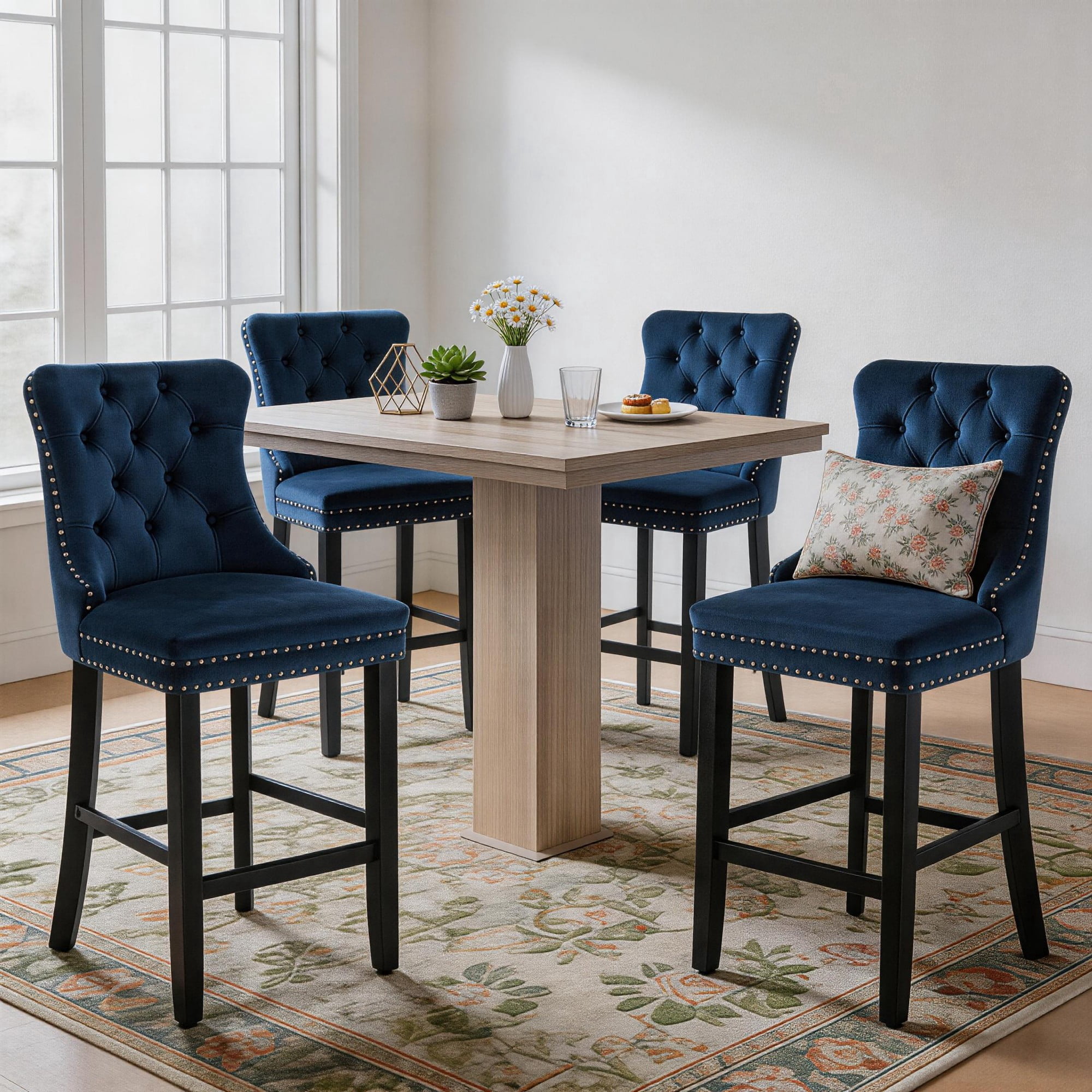 DONICK Velvet Counter Height Bar Stools Set of 6,Button Tufted Back Bar Chair Nailhead Back Pull Tab Wooden Leg(Blue)
