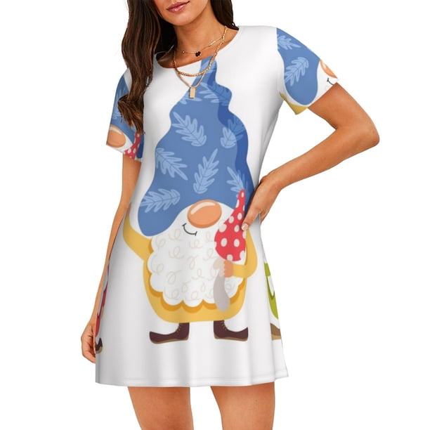 Fotbe Autumn Funny Gnomes Bata de Dormir para Mujer con Estampado, Camisón de Algodón de Manga Corta, Ropa de Dormir Casual