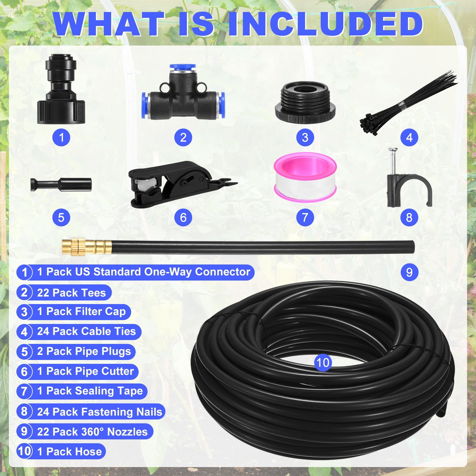Uxcell 1-Set Drip Irrigation System, 66Ft 5/16" Hoses Garden Watering Misting System with 22pcs 360° Adjustable Copper Nozzles