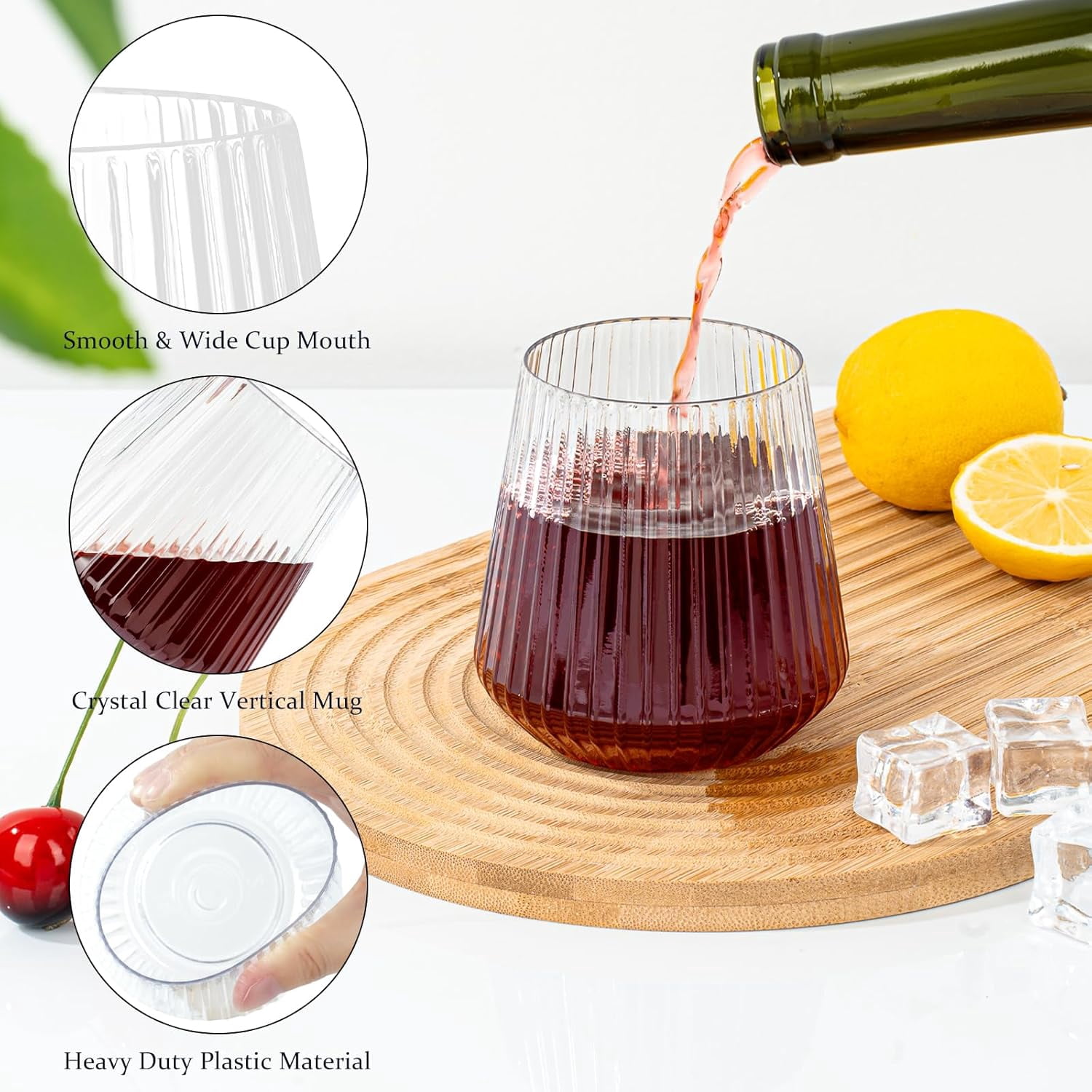 36 Pcs 12 oz Clear Ribbed Plastic Wine Glasses, Origami Ripple Disposable Champagne Flutes Elegant Whiskey Tumblers for Weddings, Bars, Parties and Daily Use