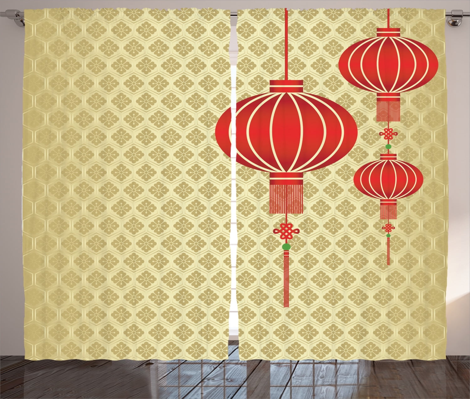 Chinese Curtains 2 Panels Set Chinese Lanterns With Baroque Repeating Pattern Background New Year Celebration Art Work Living Room Bedroom Decor