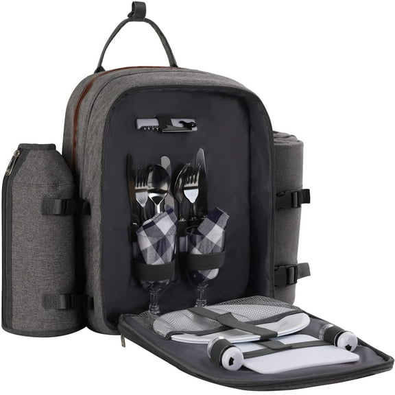 Picnic Backpack for 2 Person W/ Detachable Bottle/Wine Holder, Fleece Blanket, Plates and Cutlery Set (Grey)