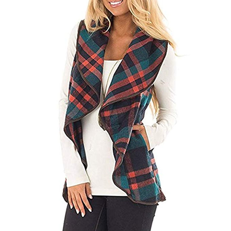 RNTOP Women Ladies Fashion Plaid Open Front Sleeveless Vest Cardigan Tunic Coat Pockets