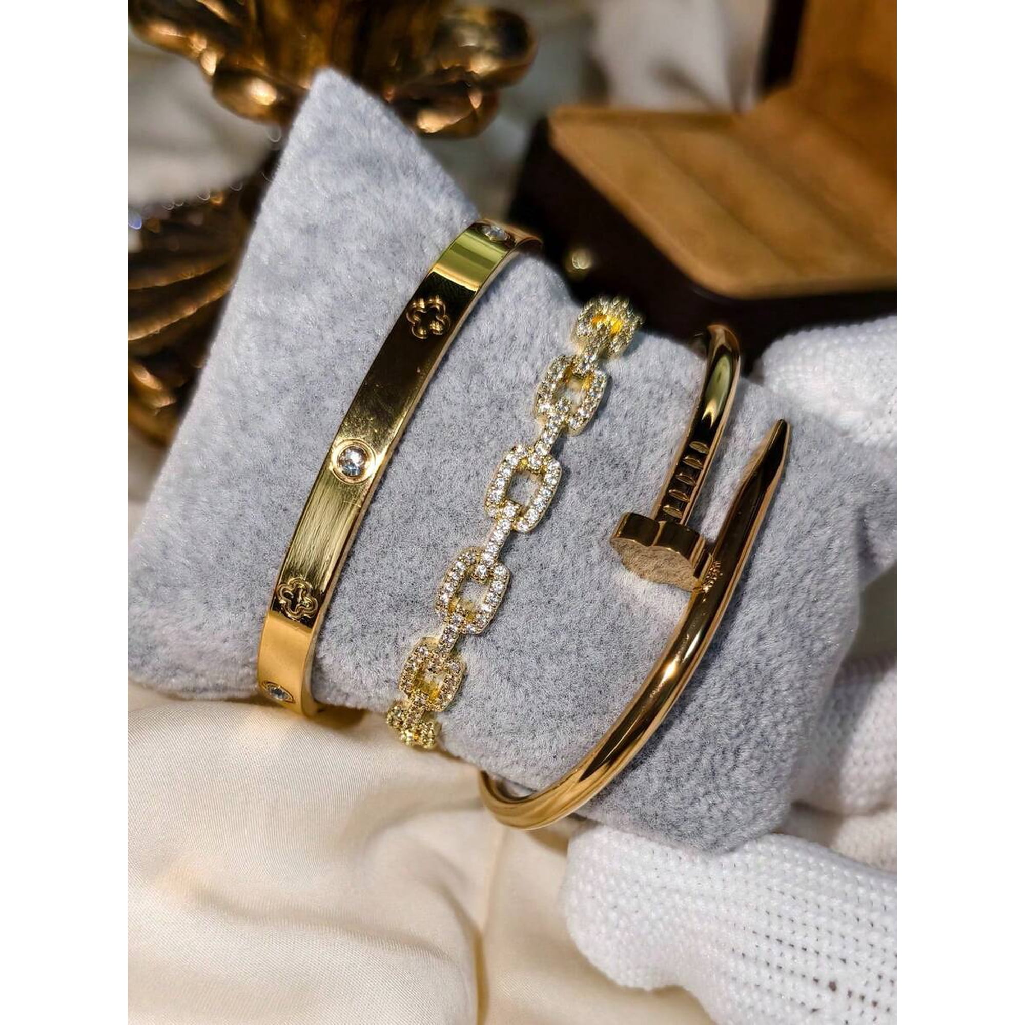 Gold-3 Stainless Steel Rhinestone Clover & Nail Bangle Bracelet Set Of 4