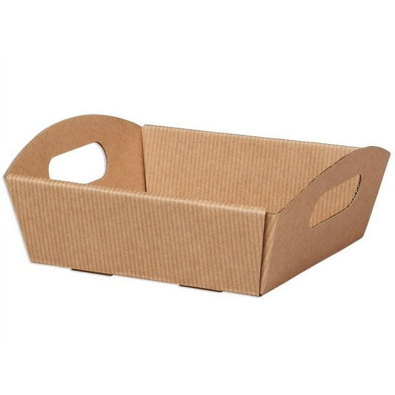 6 PK, Kraft Pinstripe Small Shallow Folding Market Tray For Use As Gourmet Gift Baskets, Food Baskets Or Home Decor Decorative Accessory